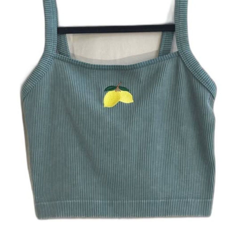 0036 Colsie Custom Lemon Embroidered Ribbed Seamless Crop Tank Top Size L